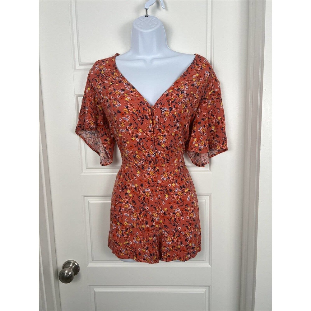 Jessica Simpson Orange Floral Short Sleeve Button Front Romper Size L